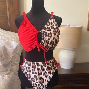 SHEIN Red and Leopard Print Bikini